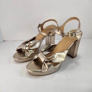 LOFT Women's 8.5M Gold Metallic Bow Platform Heels Ankle Strap Sandals Party